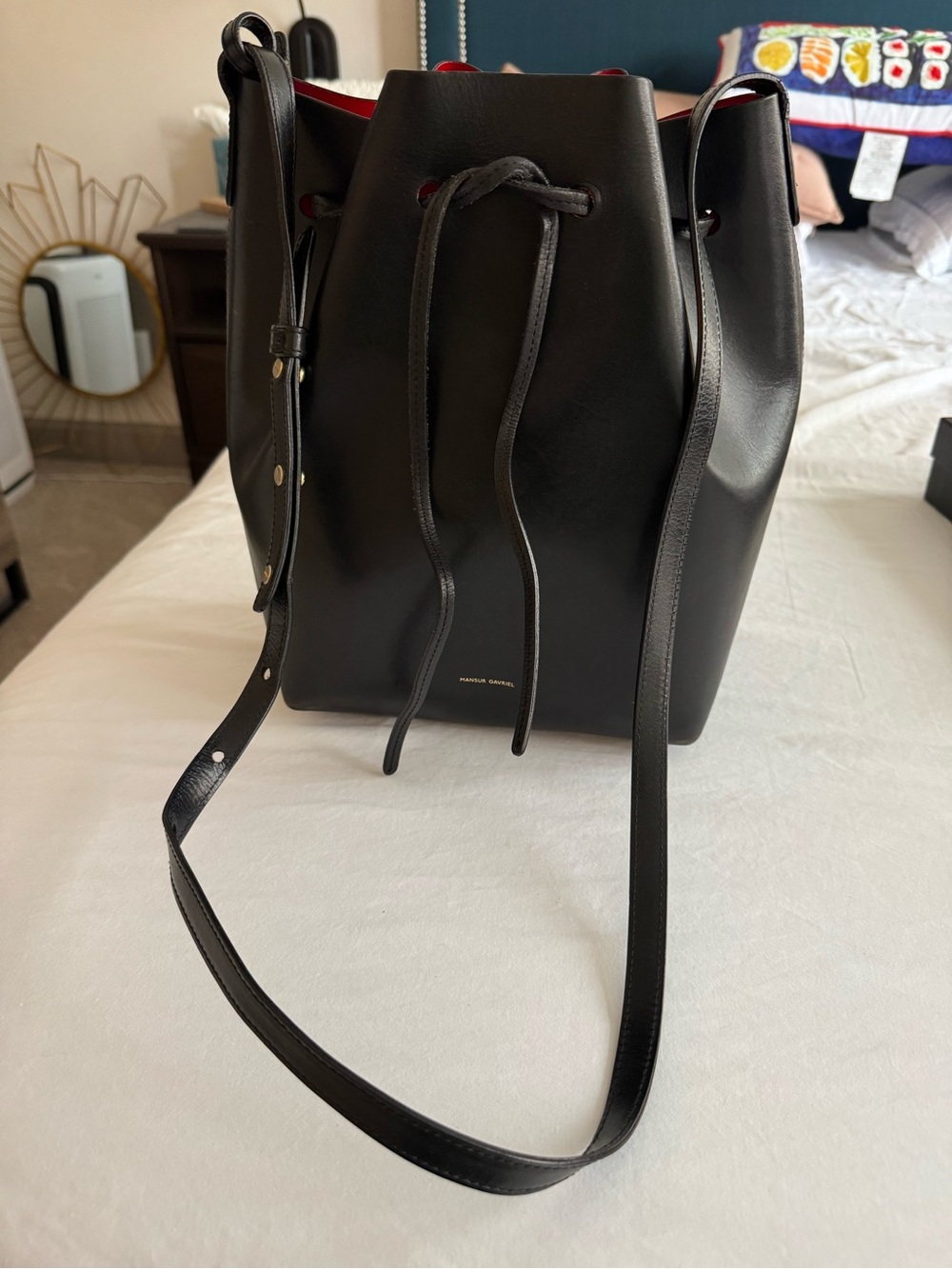 Black Drawstring Bucket Bag with Red Lining - Brand: Mansur Gavriel